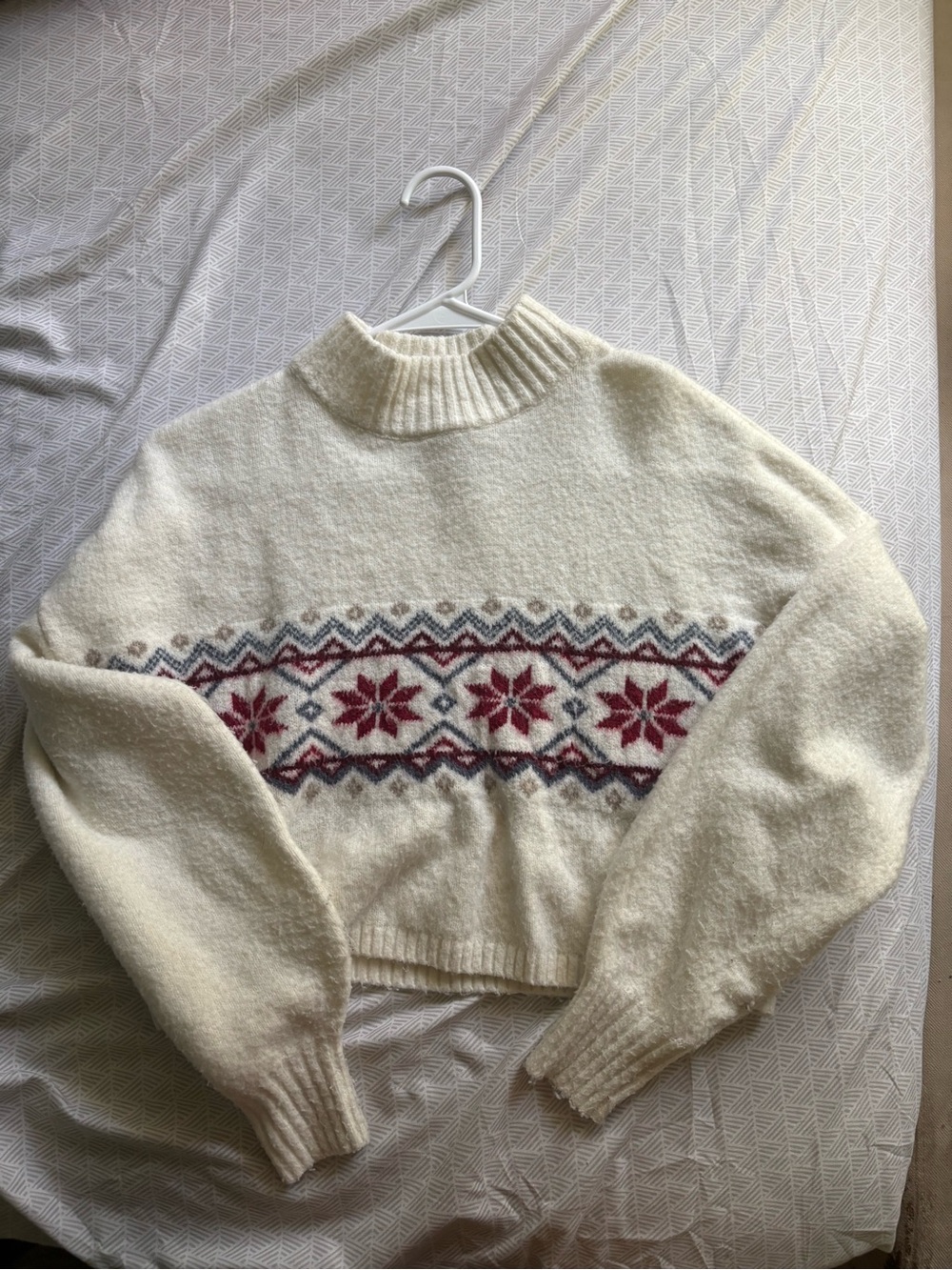 Hollister Cream Mock Neck Sweater with Red & Gray Fair Isle